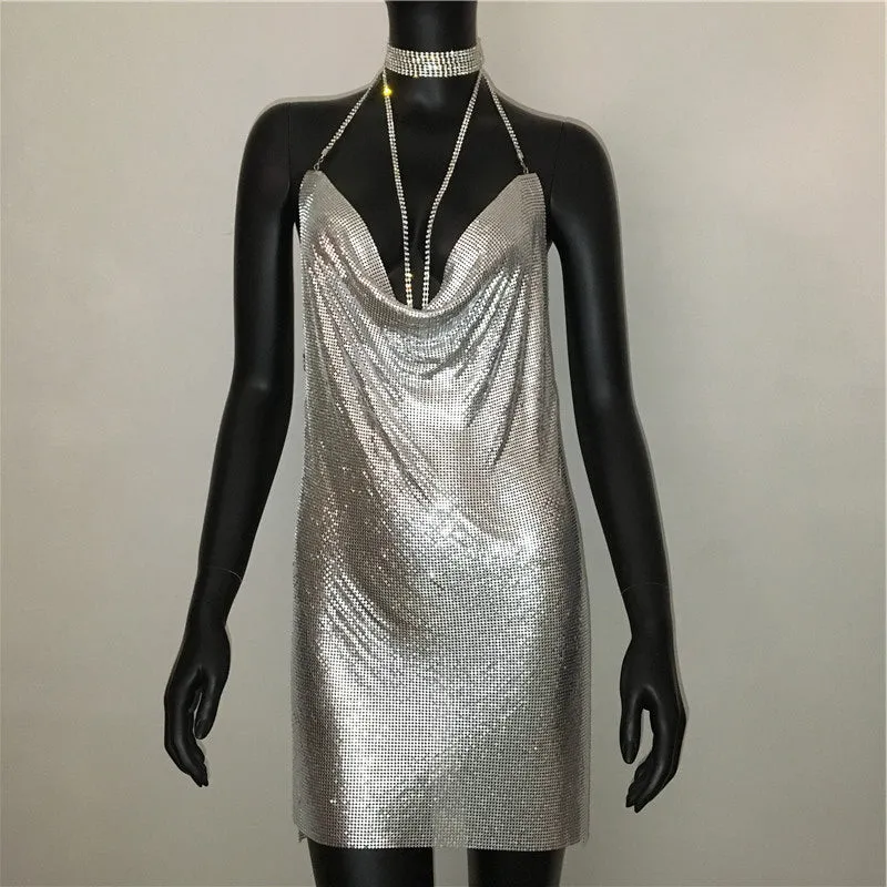 Gold Sequined Patchwork Mini Dress Women Sleeveless Low Cut Metal Chains Halter Slim Charming Nightclub Party Dresses
