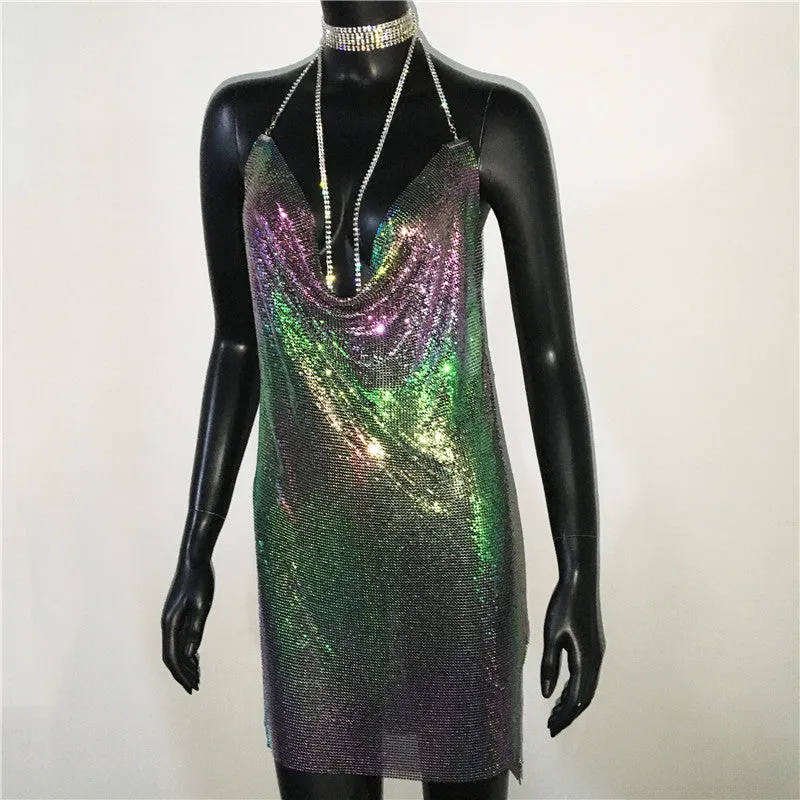 Gold Sequined Patchwork Mini Dress Women Sleeveless Low Cut Metal Chains Halter Slim Charming Nightclub Party Dresses