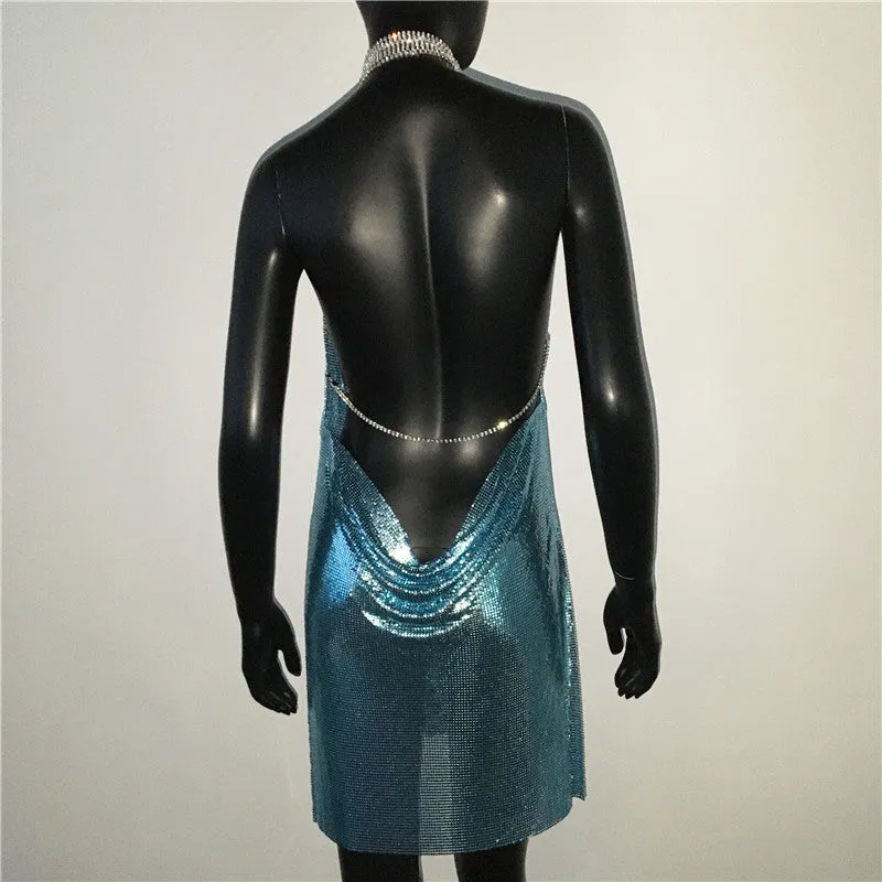 Gold Sequined Patchwork Mini Dress Women Sleeveless Low Cut Metal Chains Halter Slim Charming Nightclub Party Dresses