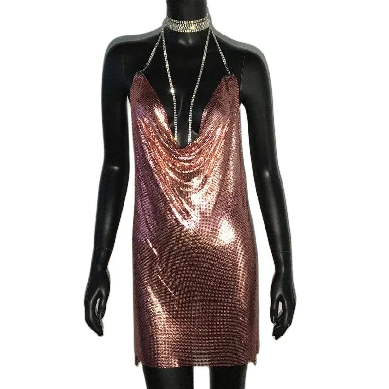 Gold Sequined Patchwork Mini Dress Women Sleeveless Low Cut Metal Chains Halter Slim Charming Nightclub Party Dresses