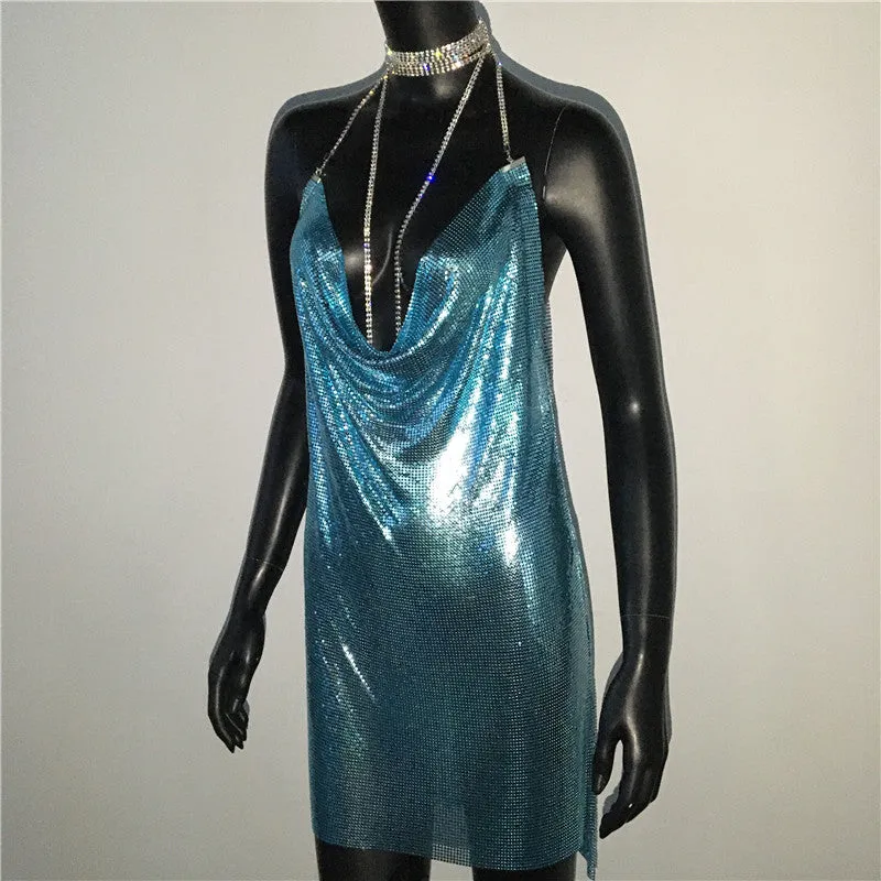Gold Sequined Patchwork Mini Dress Women Sleeveless Low Cut Metal Chains Halter Slim Charming Nightclub Party Dresses