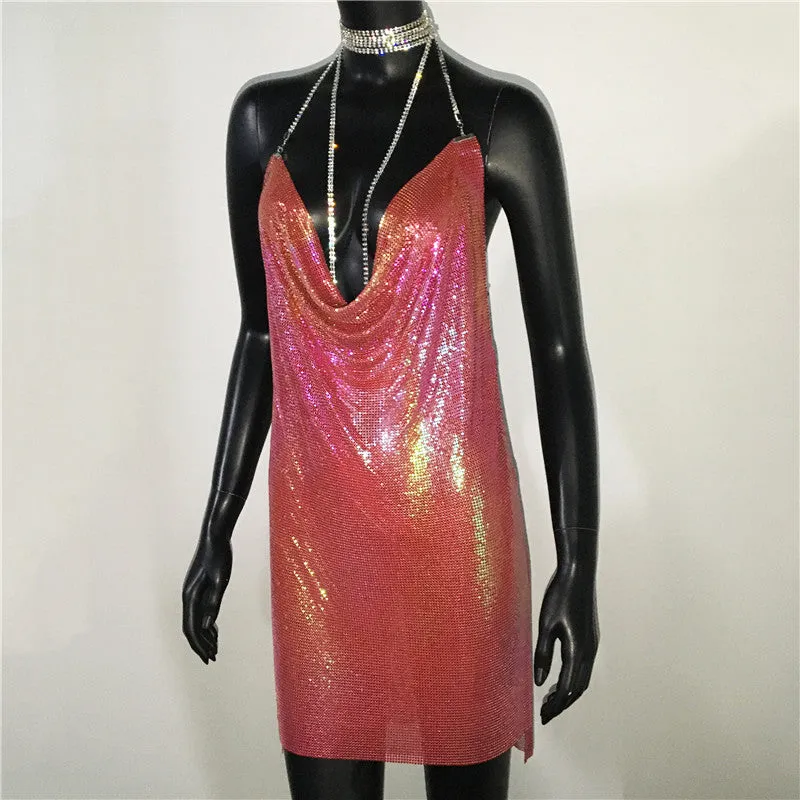 Gold Sequined Patchwork Mini Dress Women Sleeveless Low Cut Metal Chains Halter Slim Charming Nightclub Party Dresses