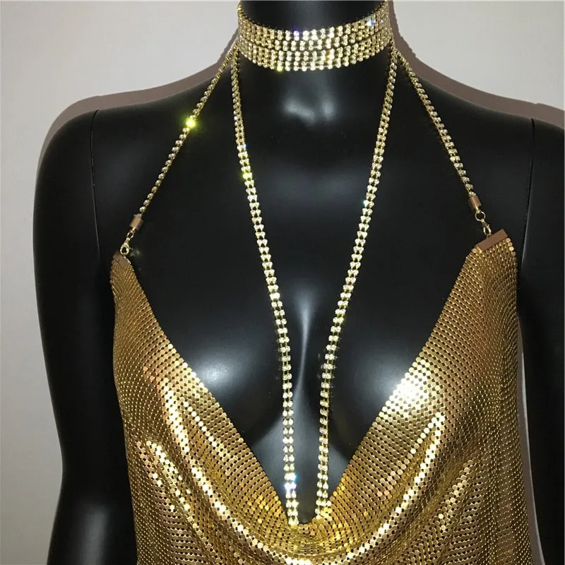 Gold Sequined Patchwork Mini Dress Women Sleeveless Low Cut Metal Chains Halter Slim Charming Nightclub Party Dresses