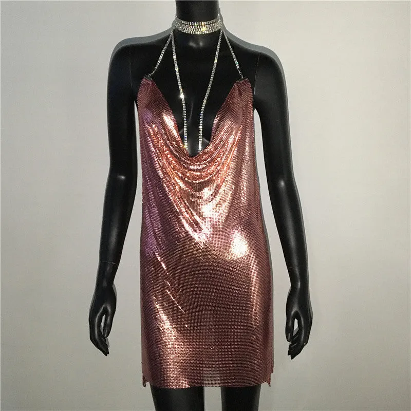 Gold Sequined Patchwork Mini Dress Women Sleeveless Low Cut Metal Chains Halter Slim Charming Nightclub Party Dresses