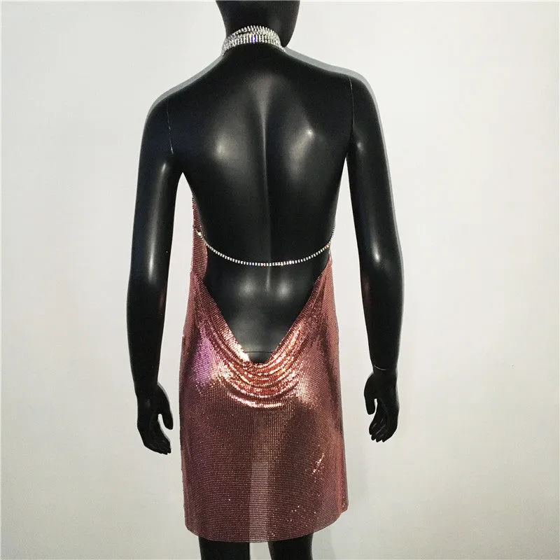 Gold Sequined Patchwork Mini Dress Women Sleeveless Low Cut Metal Chains Halter Slim Charming Nightclub Party Dresses