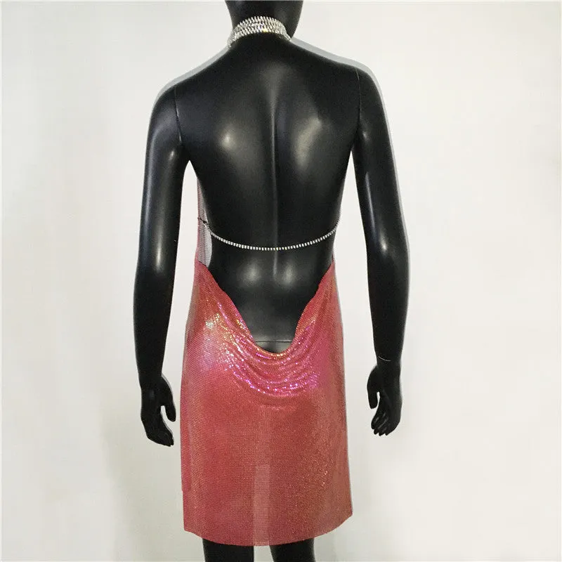 Gold Sequined Patchwork Mini Dress Women Sleeveless Low Cut Metal Chains Halter Slim Charming Nightclub Party Dresses