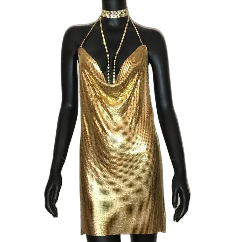 Gold Sequined Patchwork Mini Dress Women Sleeveless Low Cut Metal Chains Halter Slim Charming Nightclub Party Dresses