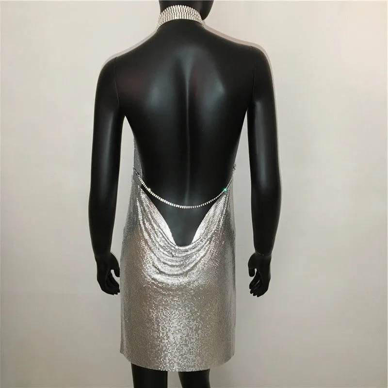 Gold Sequined Patchwork Mini Dress Women Sleeveless Low Cut Metal Chains Halter Slim Charming Nightclub Party Dresses