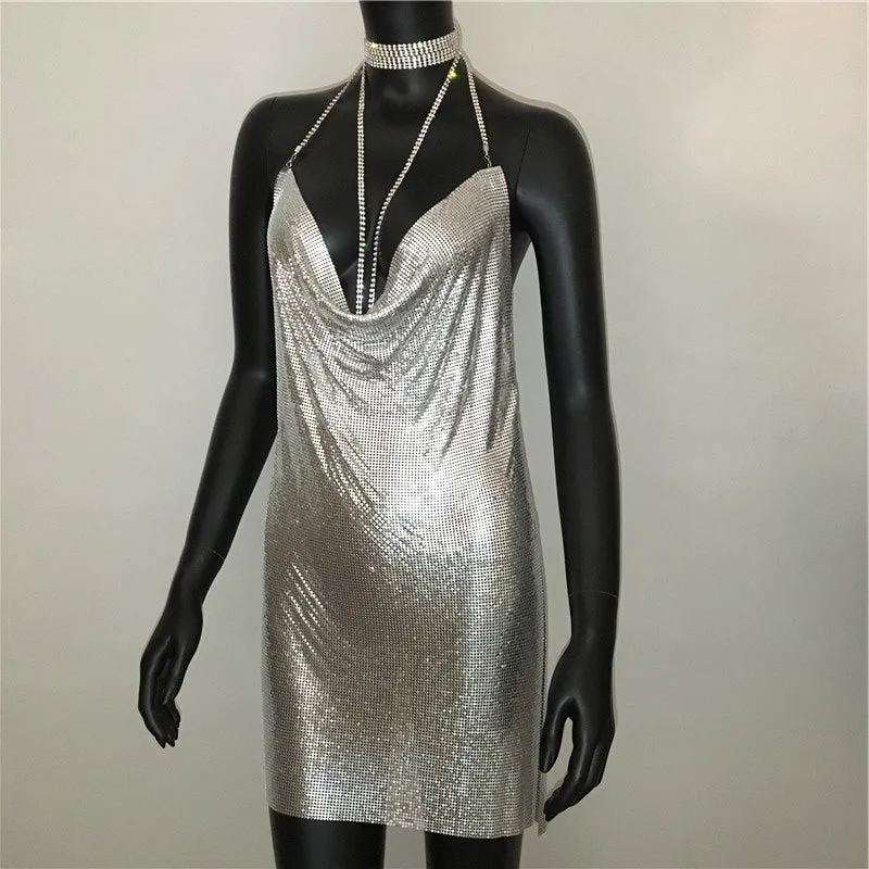 Gold Sequined Patchwork Mini Dress Women Sleeveless Low Cut Metal Chains Halter Slim Charming Nightclub Party Dresses