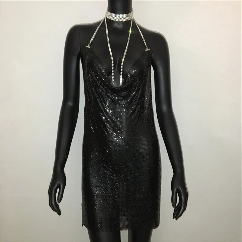 Gold Sequined Patchwork Mini Dress Women Sleeveless Low Cut Metal Chains Halter Slim Charming Nightclub Party Dresses