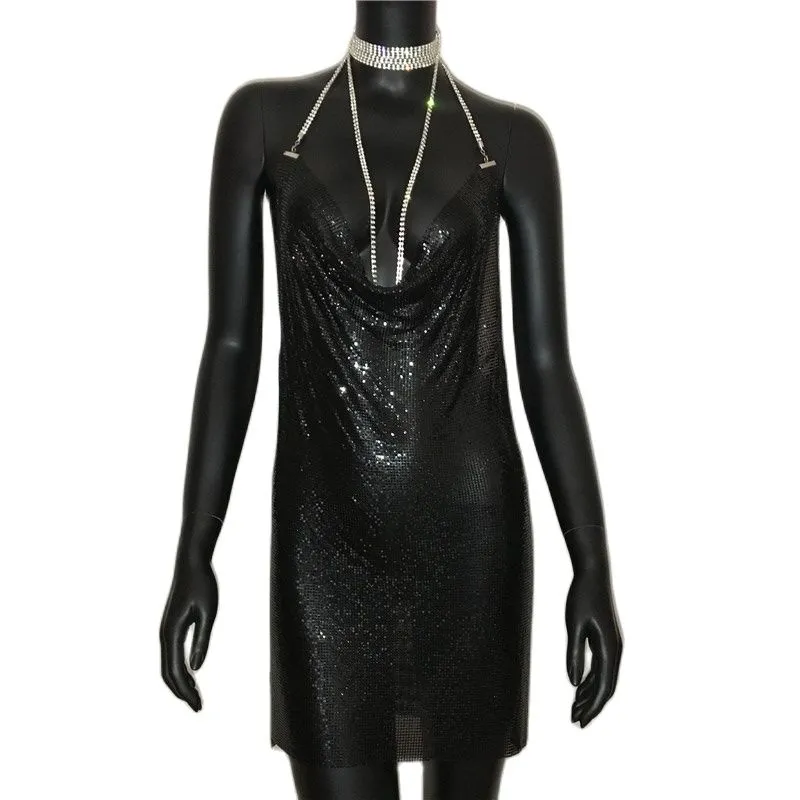 Gold Sequined Patchwork Mini Dress Women Sleeveless Low Cut Metal Chains Halter Slim Charming Nightclub Party Dresses