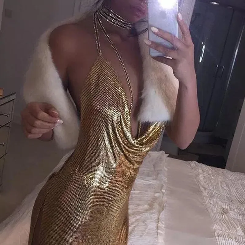 Gold Sequined Patchwork Mini Dress Women Sleeveless Low Cut Metal Chains Halter Slim Charming Nightclub Party Dresses