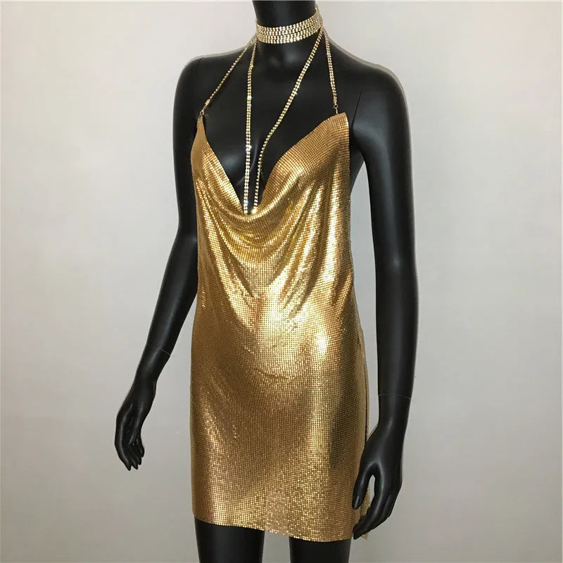 Gold Sequined Patchwork Mini Dress Women Sleeveless Low Cut Metal Chains Halter Slim Charming Nightclub Party Dresses