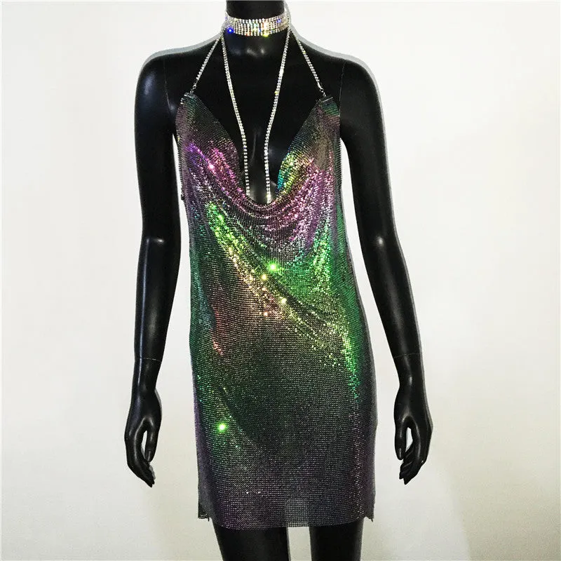 Gold Sequined Patchwork Mini Dress Women Sleeveless Low Cut Metal Chains Halter Slim Charming Nightclub Party Dresses