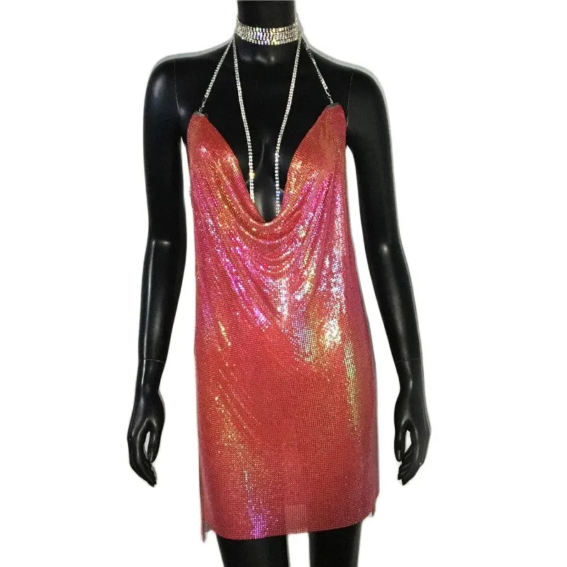 Gold Sequined Patchwork Mini Dress Women Sleeveless Low Cut Metal Chains Halter Slim Charming Nightclub Party Dresses