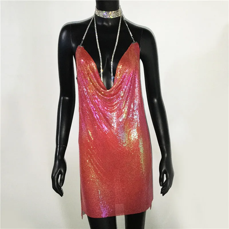 Gold Sequined Patchwork Mini Dress Women Sleeveless Low Cut Metal Chains Halter Slim Charming Nightclub Party Dresses