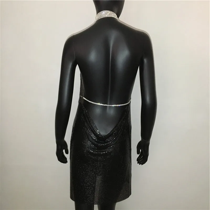 Gold Sequined Patchwork Mini Dress Women Sleeveless Low Cut Metal Chains Halter Slim Charming Nightclub Party Dresses