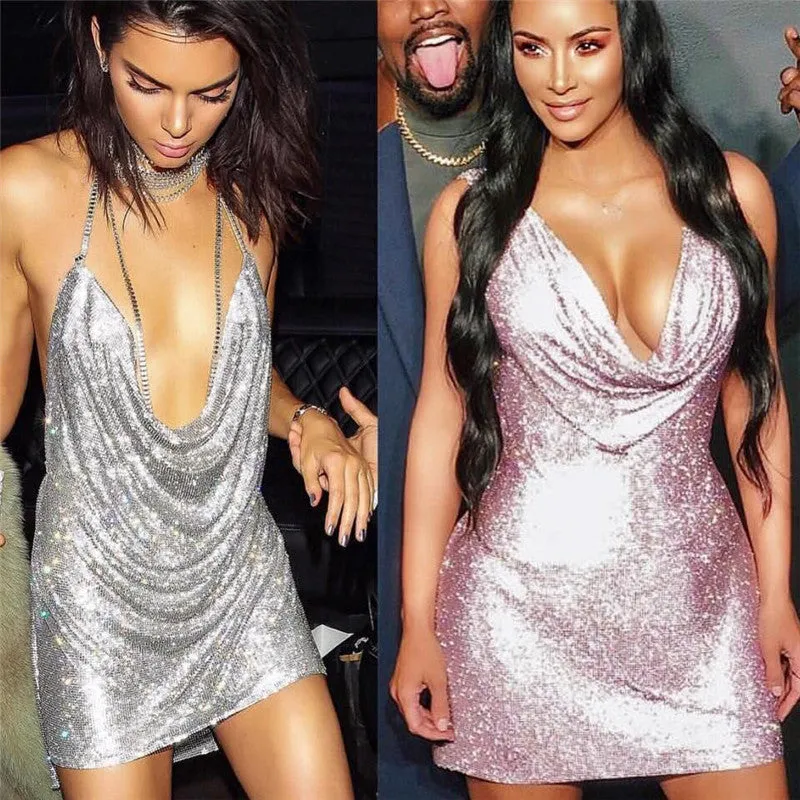 Gold Sequined Patchwork Mini Dress Women Sleeveless Low Cut Metal Chains Halter Slim Charming Nightclub Party Dresses