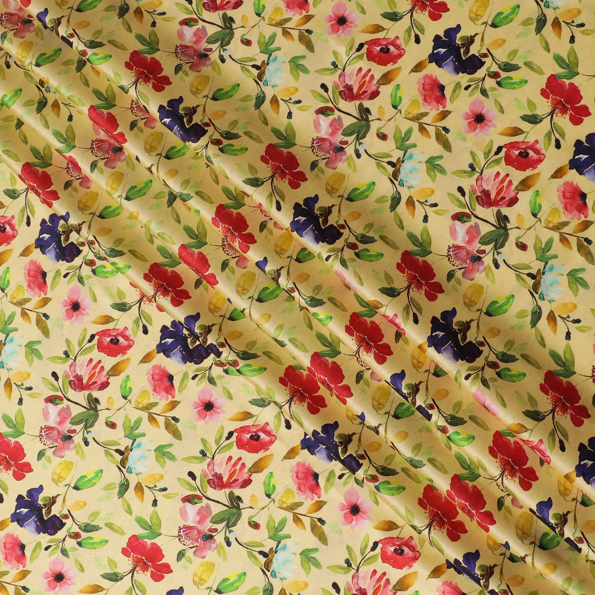 Golden Yellow Floral Silk Satin Fabric with Mirror Work - 110 cm Width-D20282
