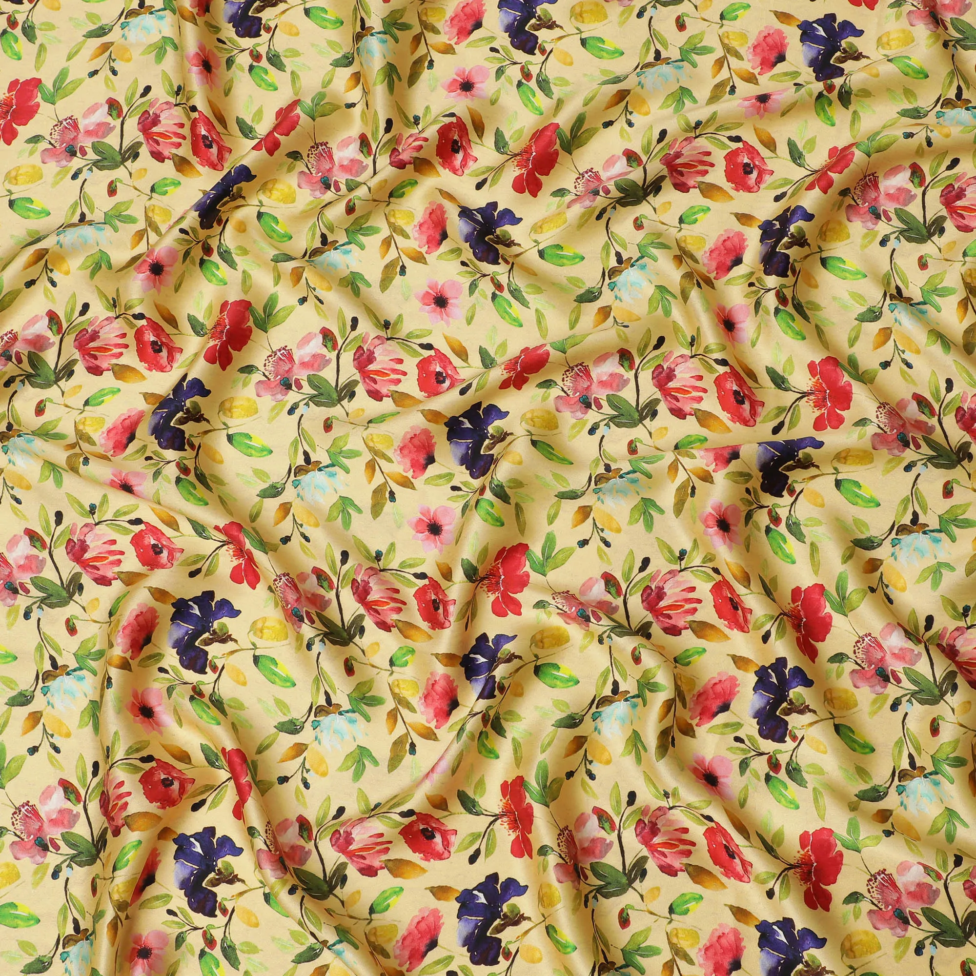 Golden Yellow Floral Silk Satin Fabric with Mirror Work - 110 cm Width-D20282