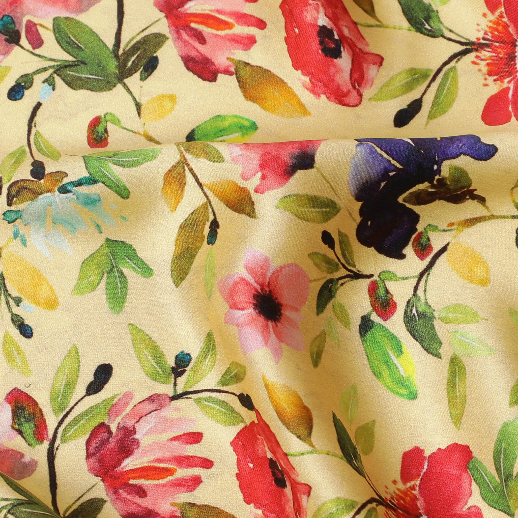 Golden Yellow Floral Silk Satin Fabric with Mirror Work - 110 cm Width-D20282