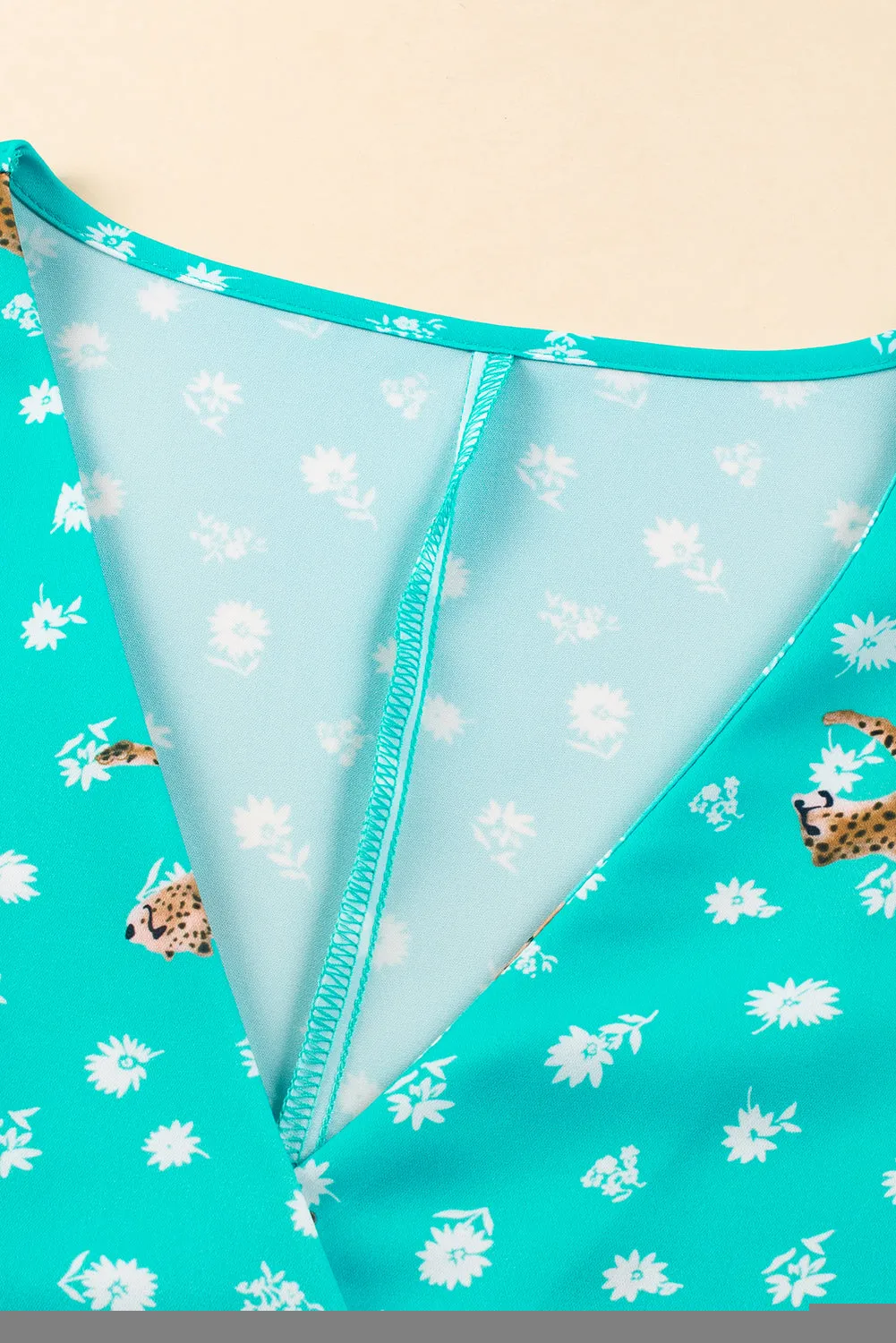 Green Cheetah Print V Neck Short Sleeve Plus Top