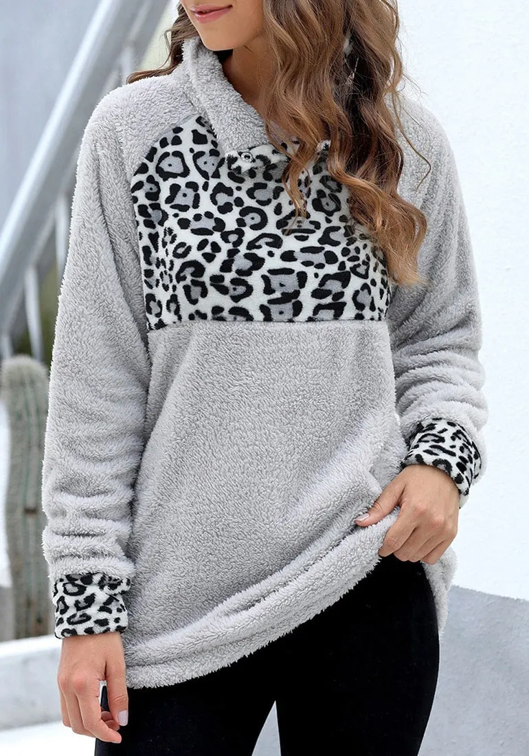 Grey Oblique Stand Collar Leopard Fleece Pullover
