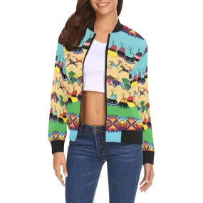 Horses and Buffalo Ledger Torquoise Bomber Jacket for Women