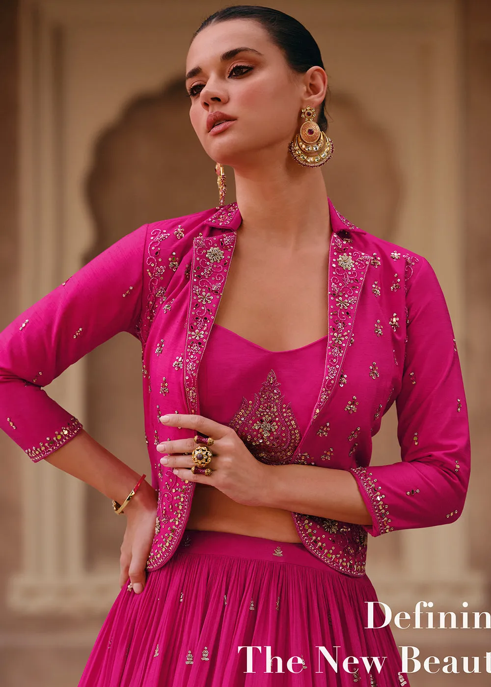 Hot Pink Chinnon Silk Embroidered Designer Lehenga Choli