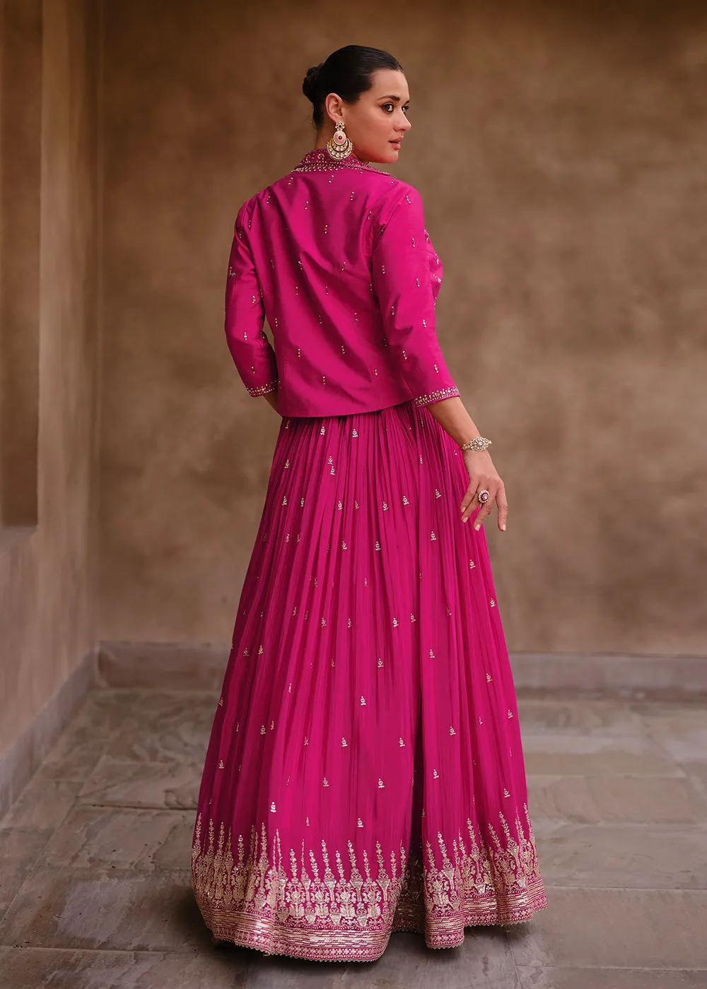 Hot Pink Chinnon Silk Embroidered Designer Lehenga Choli