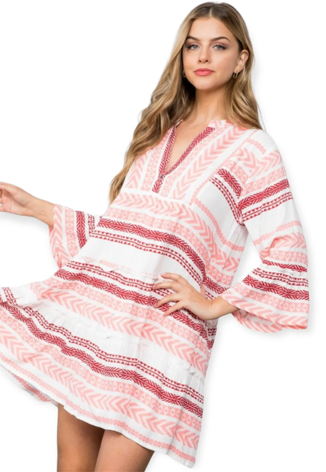 Ivy Pink Bell Sleeve Pattern Dress