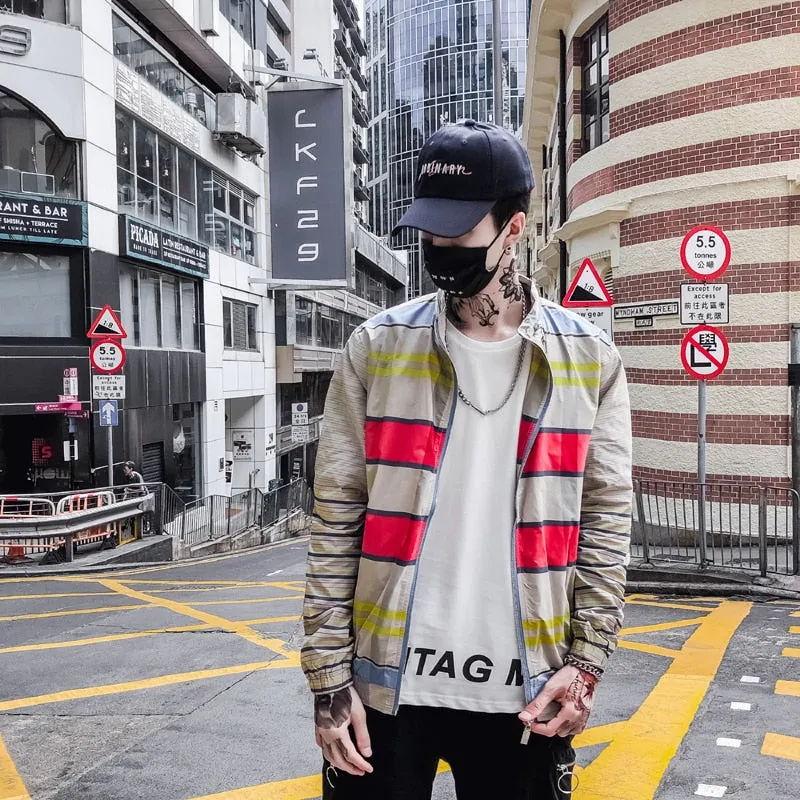 Khaki with Yellow and Red Stripes Combination Hip Hop Style Men Bomber Jacket