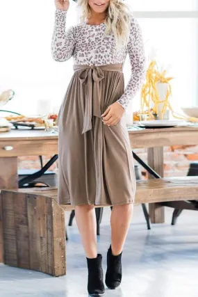 Leopard Paneled Lace-up Knitted Dress