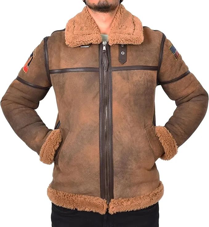 Men’s Distressed Finish Sheepskin B3 Bomber Jacket with Badges Aviator Axel Brown