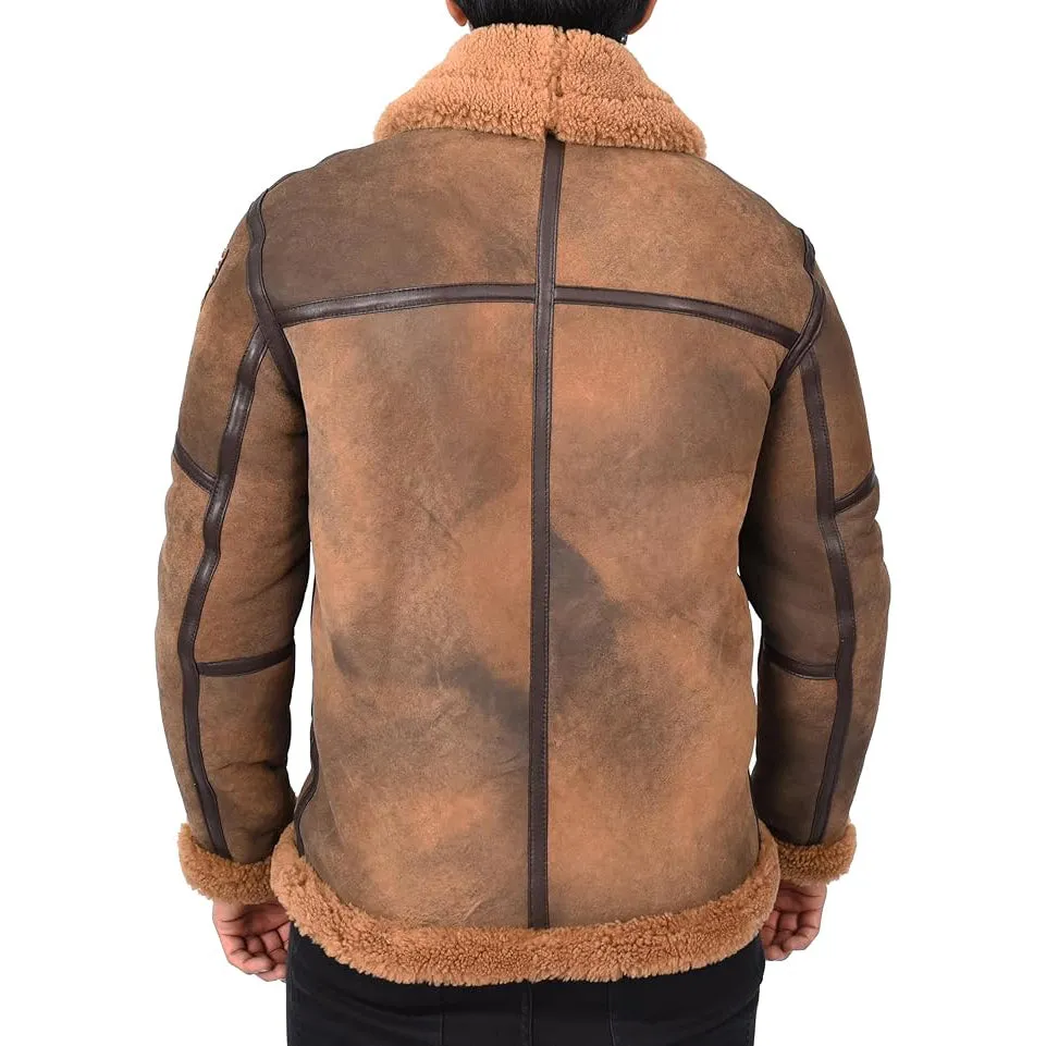 Men’s Distressed Finish Sheepskin B3 Bomber Jacket with Badges Aviator Axel Brown
