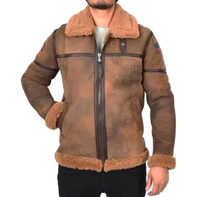 Men’s Distressed Finish Sheepskin B3 Bomber Jacket with Badges Aviator Axel Brown