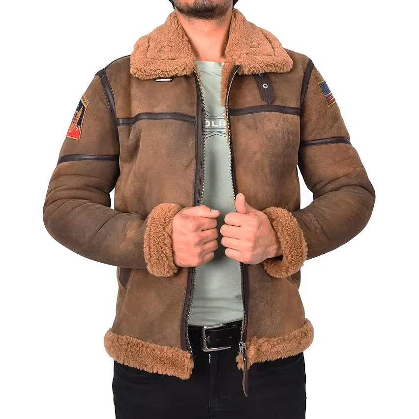 Men’s Distressed Finish Sheepskin B3 Bomber Jacket with Badges Aviator Axel Brown