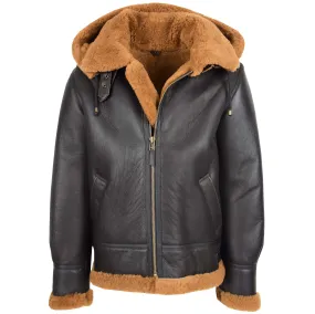 Men's Removable Hoodie B3 Real Sheepskin Jacket Brown Mortenson