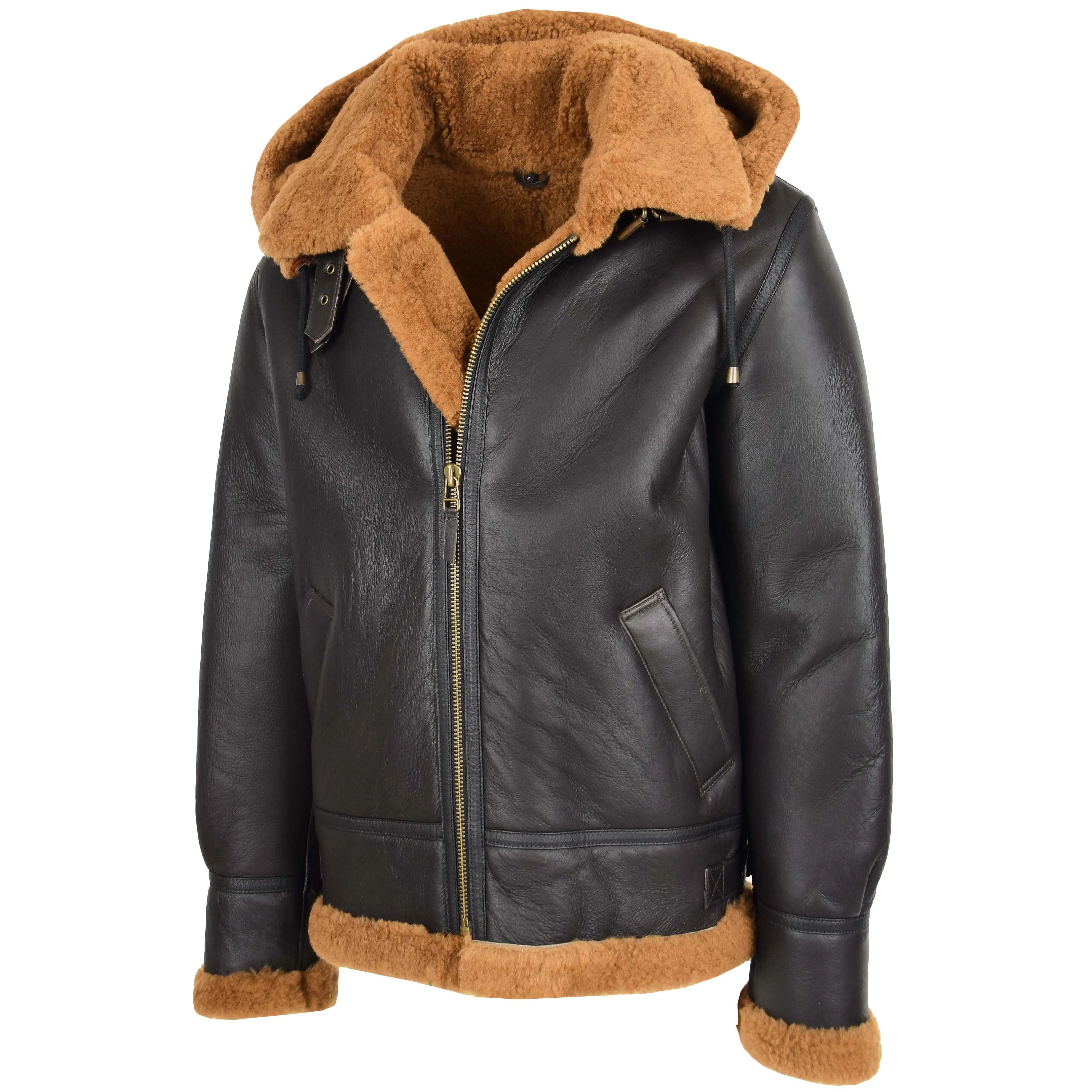 Men's Removable Hoodie B3 Real Sheepskin Jacket Brown Mortenson