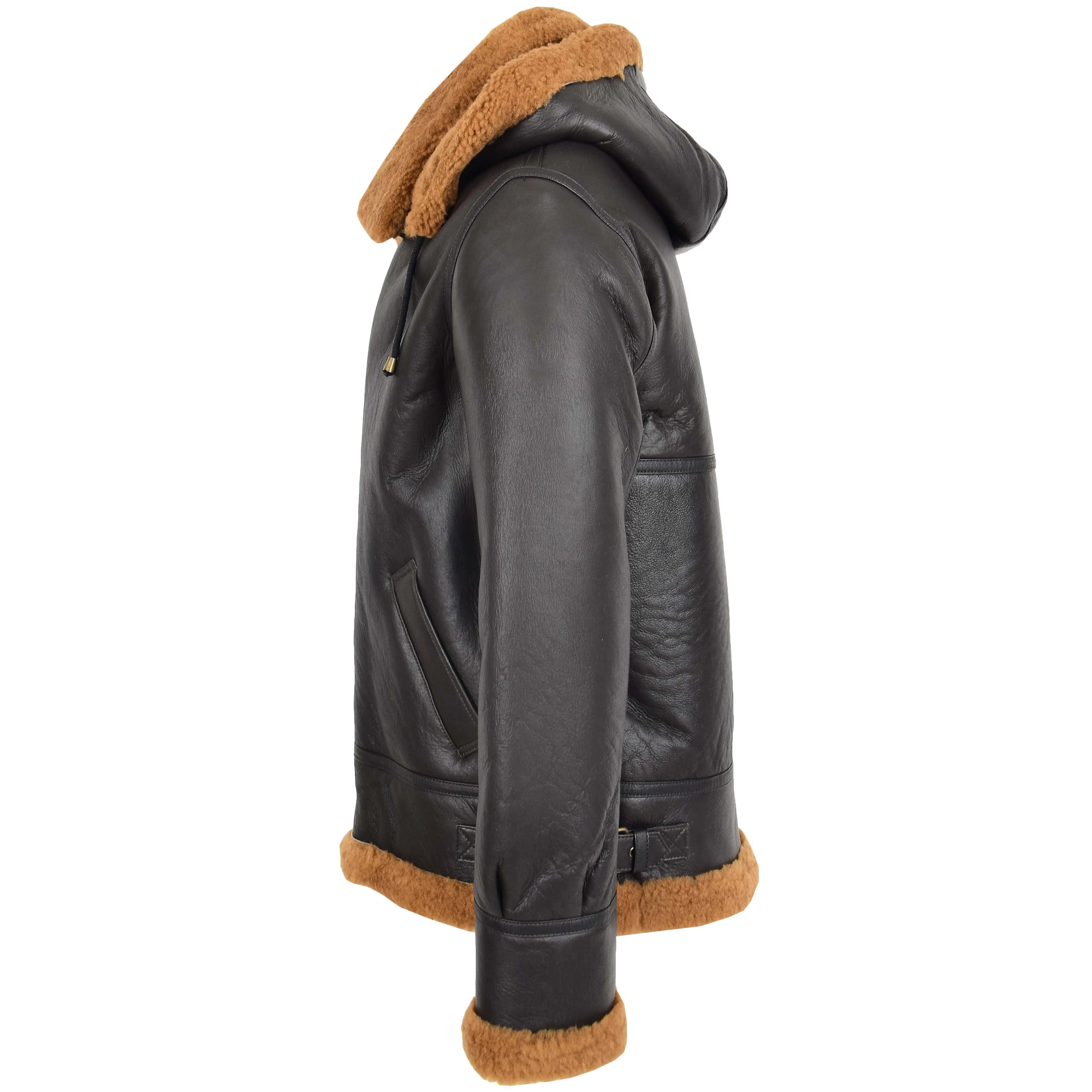 Men's Removable Hoodie B3 Real Sheepskin Jacket Brown Mortenson