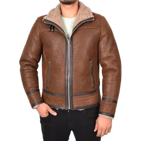 Men’s Retro Pilot Sheepskin Leather Biker Jacket  Flying Aviator Style Casper Brown