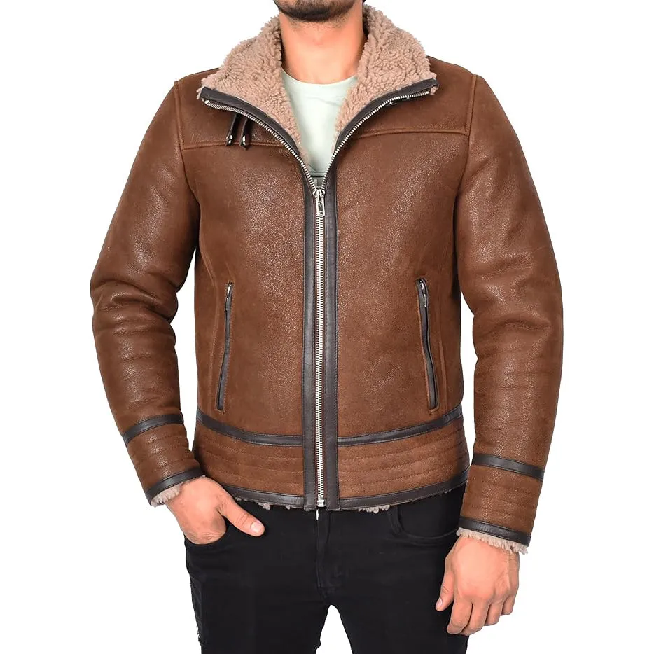 Men’s Retro Pilot Sheepskin Leather Biker Jacket  Flying Aviator Style Casper Brown