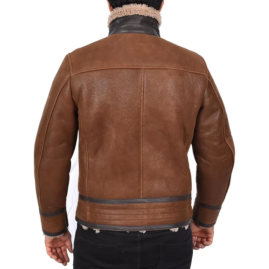 Men’s Retro Pilot Sheepskin Leather Biker Jacket  Flying Aviator Style Casper Brown