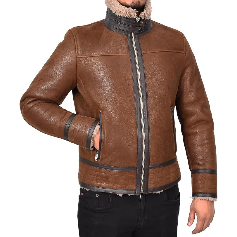 Men’s Retro Pilot Sheepskin Leather Biker Jacket  Flying Aviator Style Casper Brown