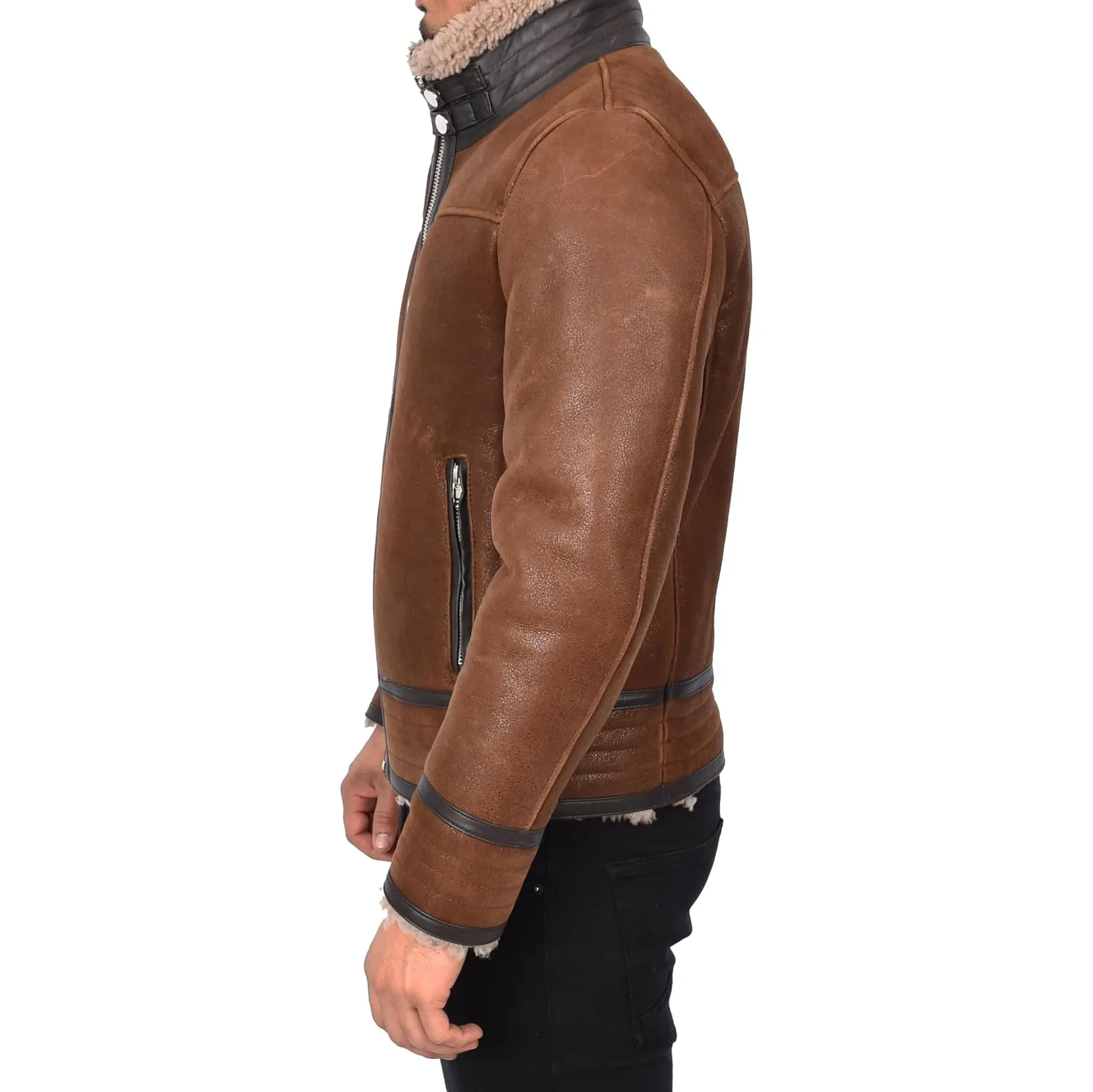 Men’s Retro Pilot Sheepskin Leather Biker Jacket  Flying Aviator Style Casper Brown