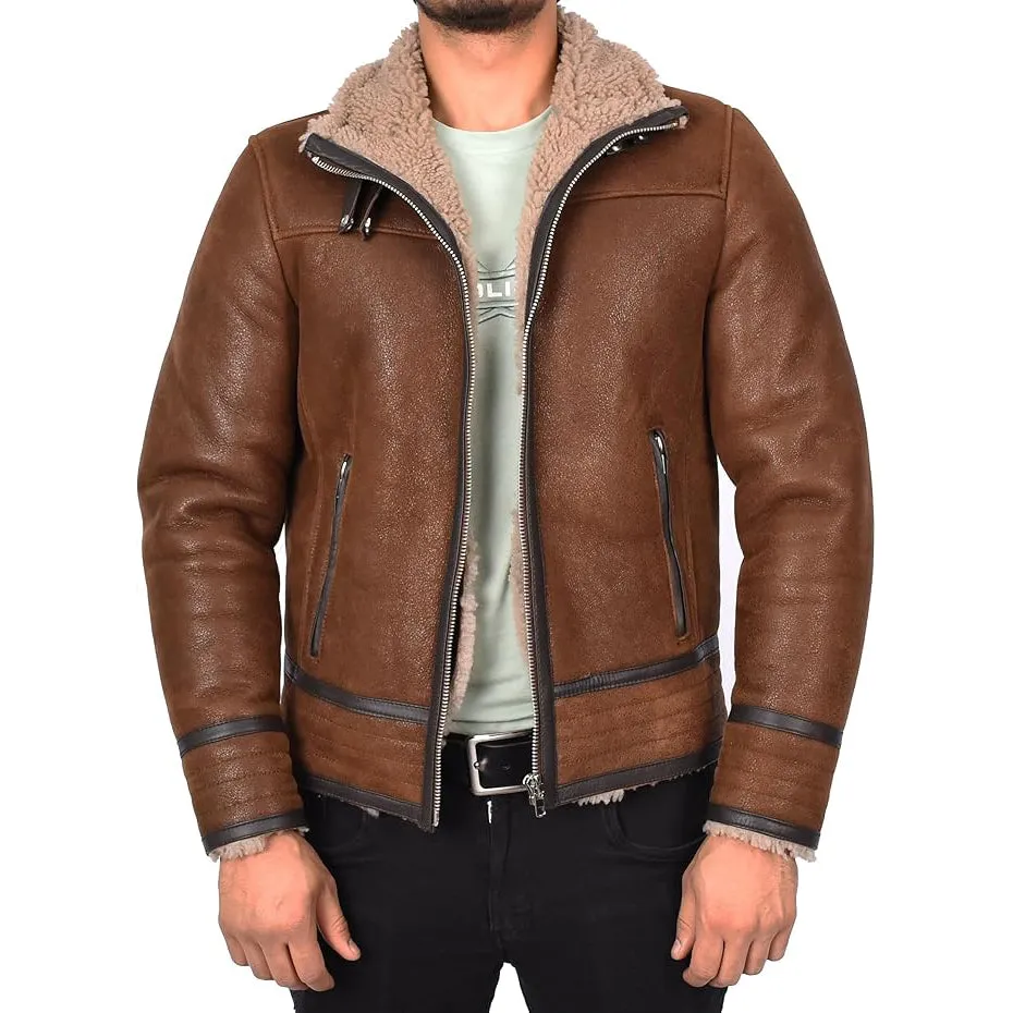 Men’s Retro Pilot Sheepskin Leather Biker Jacket  Flying Aviator Style Casper Brown