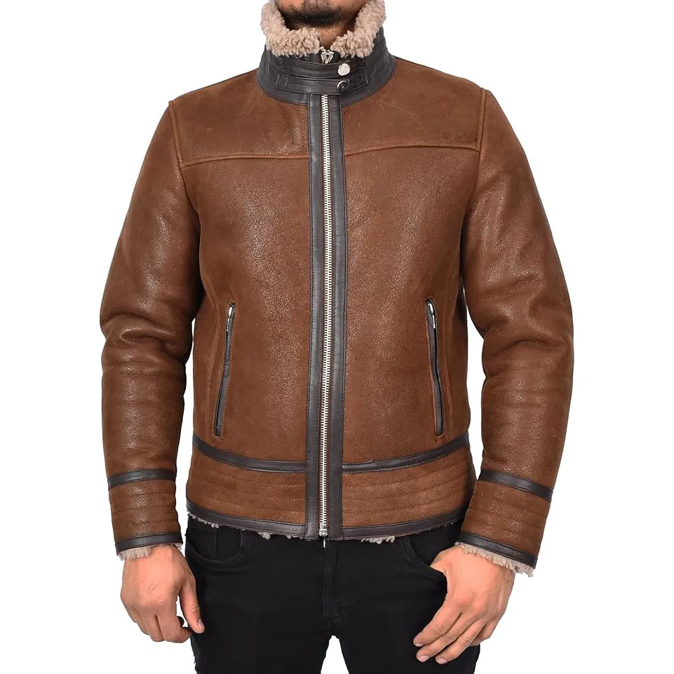 Men’s Retro Pilot Sheepskin Leather Biker Jacket  Flying Aviator Style Casper Brown