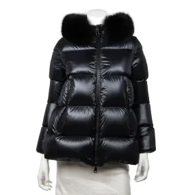 Moncler Black Quilted Serifur Fur Trim Hooded Down Parka Size S | 1