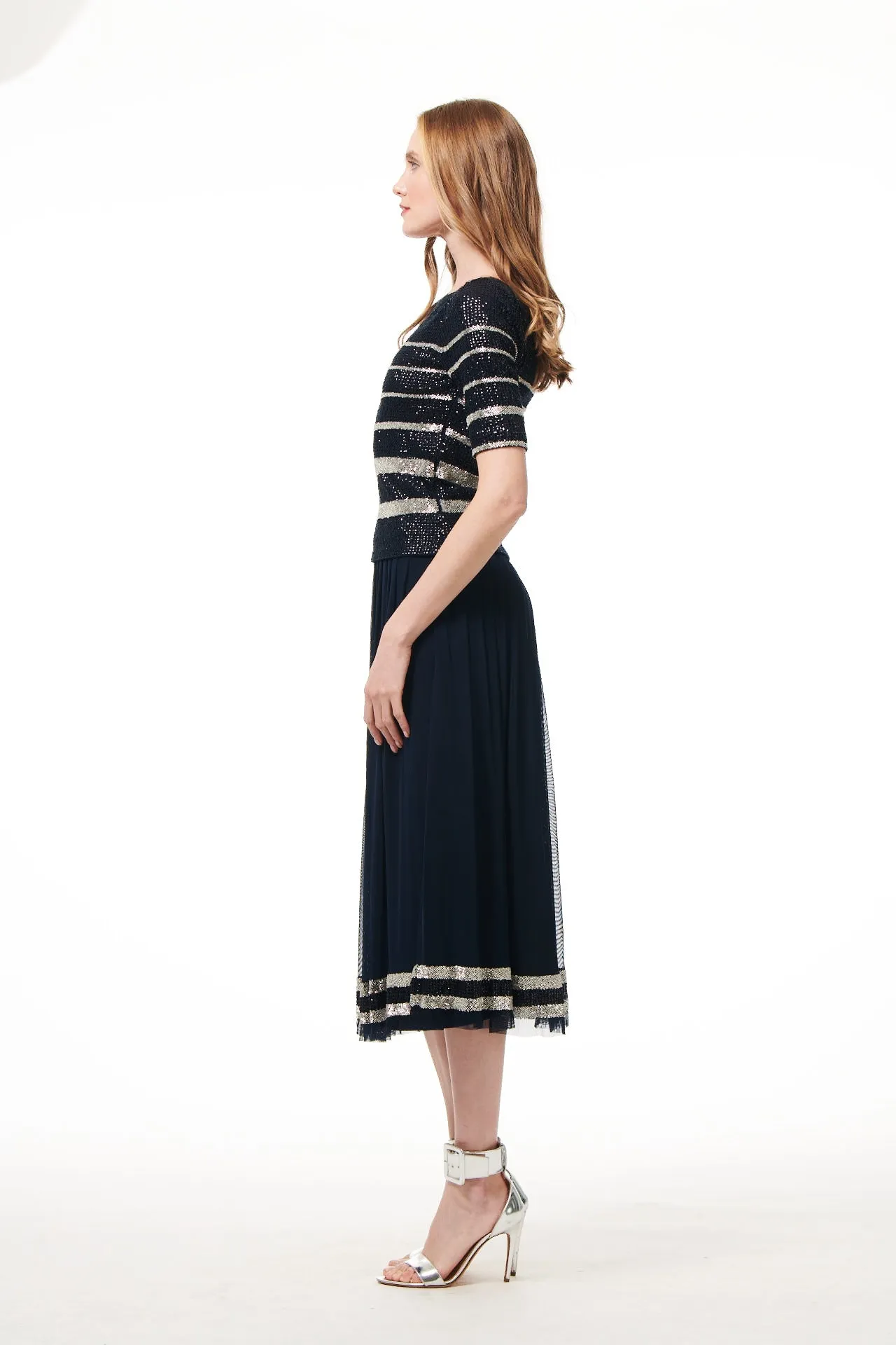 NAVY BEADED STRIPED PLEATED MESH MIDI SKIRT