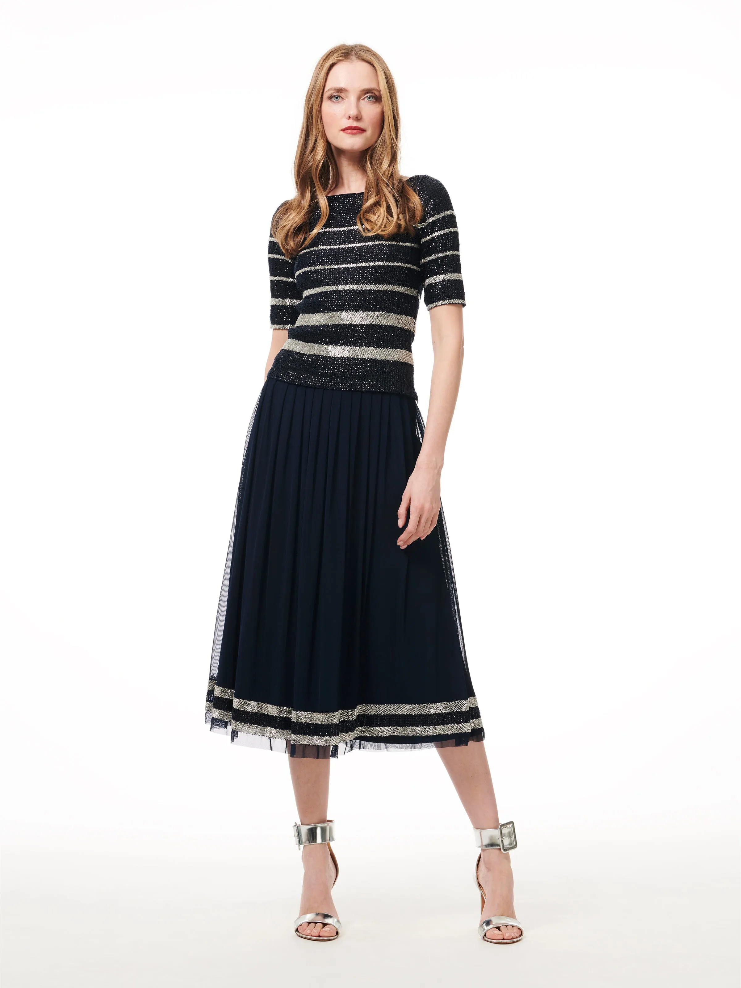 NAVY BEADED STRIPED PLEATED MESH MIDI SKIRT